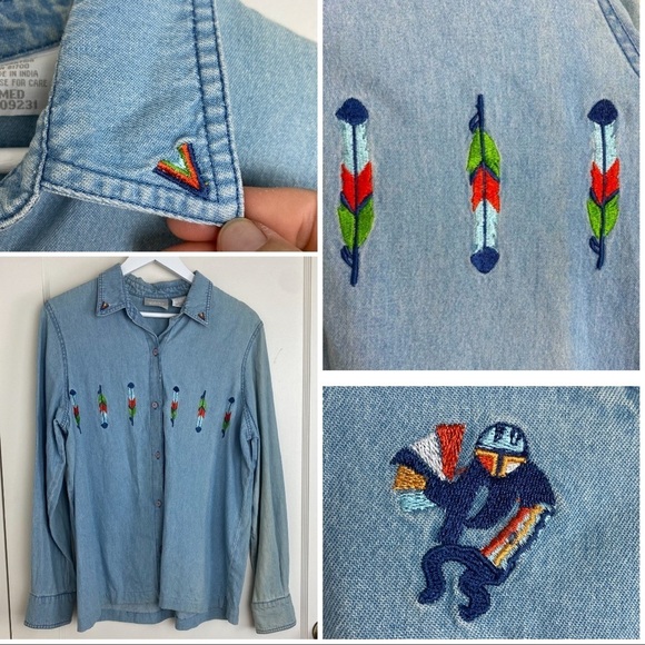 Vintage Tops - Vintage Southwest Embroidered Feather Chambray Denim Button Front Shirt Medium
